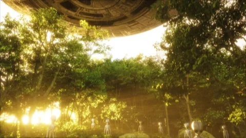 Dramatic high quality UFO flyover at sunset over a woodland where Roswell-style Vídeos de archivo 311422493