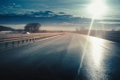 Dramatic highway scenes in winter during the day Stock Photos