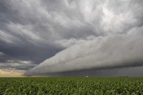 A dramatic horizontal roll cloud, formed when a downdraft pushes cold air a.. Stock Photos