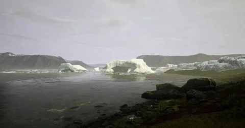 Dramatic icebergs floating in calm waters near rugged shoreline in twilight Illustrazione stock
