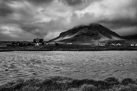 Dramatic Icelandic landscape with a mountain. Stock Photos