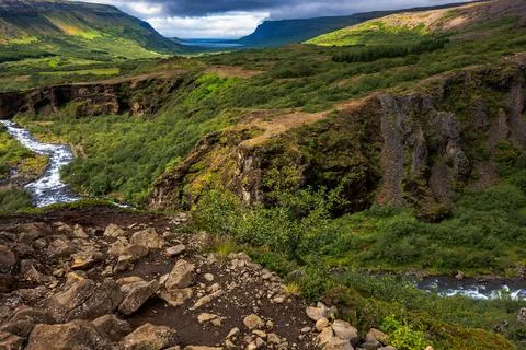 Dramatic Icelandic Valley with River Gorge and Mountains Stock Photos