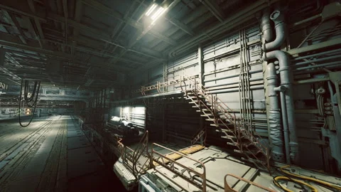 Dramatic illumination highlighting layered industrial staircases atmosphere Stock Footage 339623343