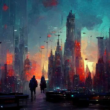 Dramatic illustration of a city at sunset Stock-Illustration