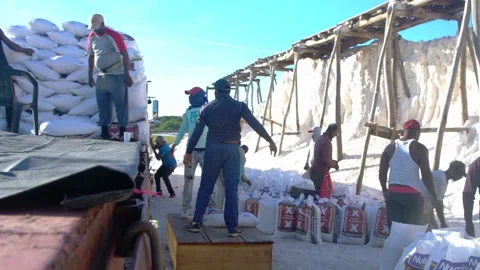 Dramatic image of haitians and dominicans loading bags of salt from a salt. Stock Footage 146923274