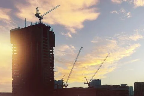 Dramatic image of silhouette architectural building at construction site wi.. 写真素材