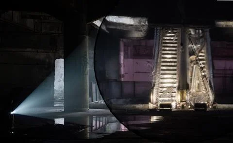 A dramatic intersection of light and shadow transforms a desolate, subterra.. Stock Photos