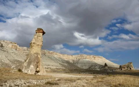 Dramatic landscape with mushroom-shaped volcanic rock pillars,Cappadocia Stock Photos