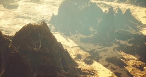 Dramatic landscape with rocky formations and golden terrain under sunlight Illustrazione stock