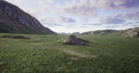 Dramatic landscape with rolling hills and grassy plain under a cloudy sky Stock Footage 327618287