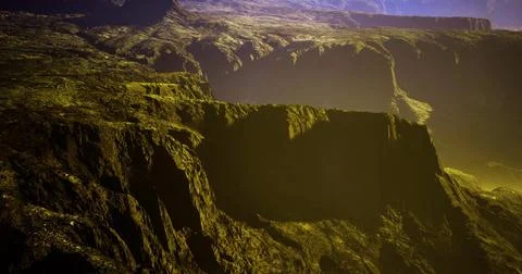 Dramatic landscape with rugged cliffs and deep valleys in a surreal environme Illustrazione stock