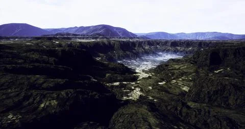 Dramatic landscape of a rugged valley surrounded by mountains at daylight Stock Illustration