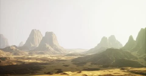 Dramatic landscape showcasing towering rock formations under bright sky Stock Illustration