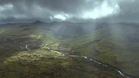 Dramatic landscape with winding river and stormy sky Stock Footage 324126033