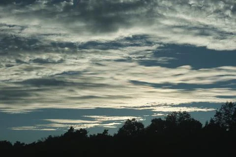 Dramatic layered evening clouds glowing above a dark silhouetted tree line .. Stock Photos