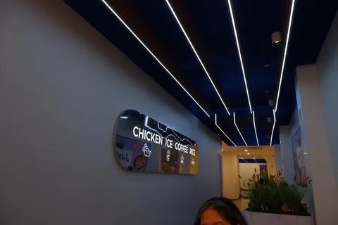Dramatic LED Ceiling Lights Inside J Chicken Restaurant in Jakarta Stock Photos
