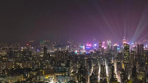 Dramatic Light Beams Illuminate Vibrant Kowloon Night Skyline Feb 13 2026 Stock Photos