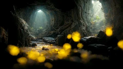 Dramatic light in dark cave landscape with fireflies, mysterious and surreal, Illustrazione stock