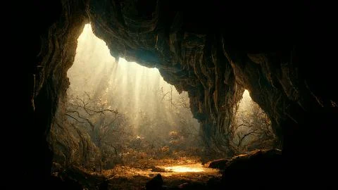 Dramatic light in dark cave landscape, mysterious and surreal, digital art Stock Illustration
