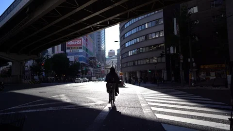 Dramatic light during evening of Japanese people are seen crossing road near Stock Footage 98992022