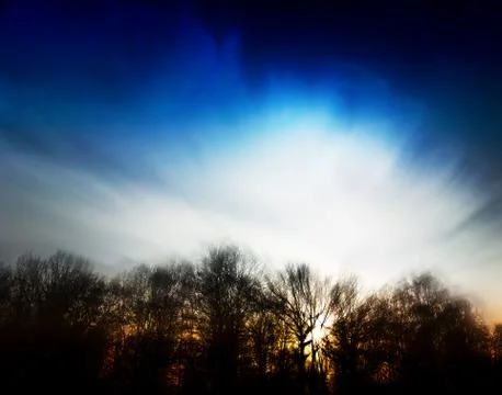 Dramatic light rays over evening forest landscape background Foto stock