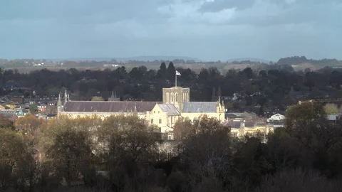 Dramatic light reveal of Winchester Cathedral, Hampshire, UK Stock Footage 104866709