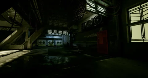 Dramatic lighting highlights textured surfaces in factory setting Stock Footage 333560048
