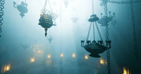 Dramatic lighting illuminates ornate chandeliers in a grand setting Stock Illustration