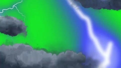 Dramatic lightning storm animation with dark clouds and electric bolts on green Video stock 343805296