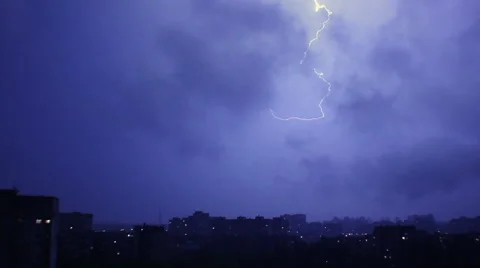 Dramatic lightning strikes city buildings, thunderstorm, bolts Stock Footage 45383919
