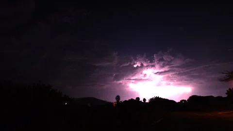 Dramatic lightning strikes discharge into dark night sky, natural phenomena Stock Footage 331415071