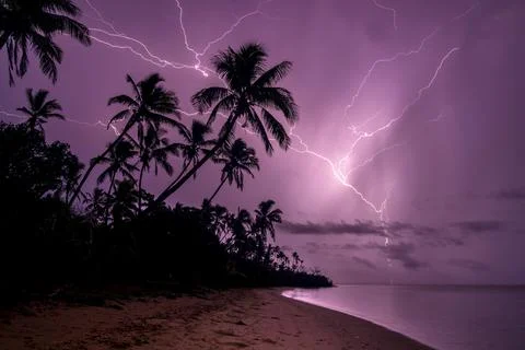 Dramatic Lightning strikes the ocean from a palm beach Stock Photos