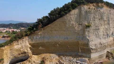 Dramatic Limestone Cliffs and Turquoise Sea at Loggas Beach, Corfu Stock Footage 312107810