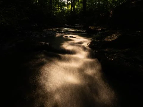 Dramatic Long Exposure of a Forest Stream in Sunlight Stock Photos
