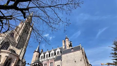 Dramatic Low-Angle POV Passing Under a Stone Bridge to Reveal Gothic Bruges Arch Vídeos de archivo 333200164