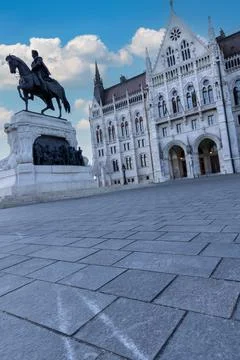 A dramatic low-angle shot of the Hungarian Parliament Building Stock Photos