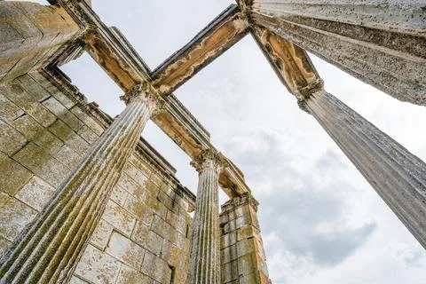 Dramatic low angle view of Aizanoi ancient city Zeus temple columns in Turkey Stock Photos