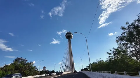Dramatic Low Angle View of Cable Stayed Bridge Pylon and Wires in Teresina Stock Footage 345277036