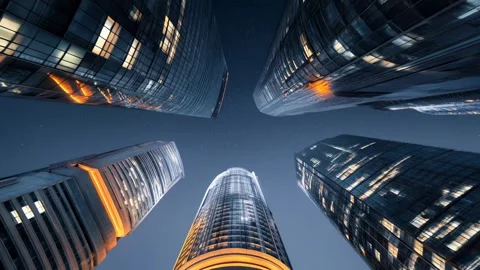 Dramatic low angle view of futuristic skyscrapers Video stock 316754726