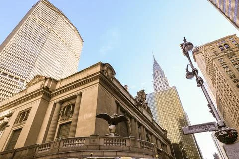 Dramatic low-angle view of Grand Central Terminal’s exterior Stock Photos