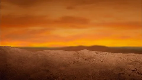 Dramatic low-angle view of a sandy desert mound under a fiery sunset sky wi.. Stock Illustration