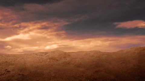 Dramatic low-angle view of a sandy desert mound under a fiery sunset sky wi.. Stock Illustration