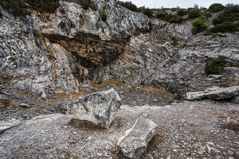 Dramatic Marble Quarry Cliffs on Penteli Mountain Greece Stock Photos