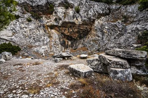 Dramatic Marble Quarry Cliffs on Penteli Mountain Greece Stock Photos