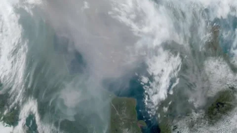 Dramatic Massive Canadian forest and wildfire fire smoke on weather satellite Stock Footage 314351680