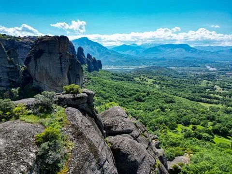 Dramatic Meteora Sandstone Rock Formations Green Forest Greece Stock Photos