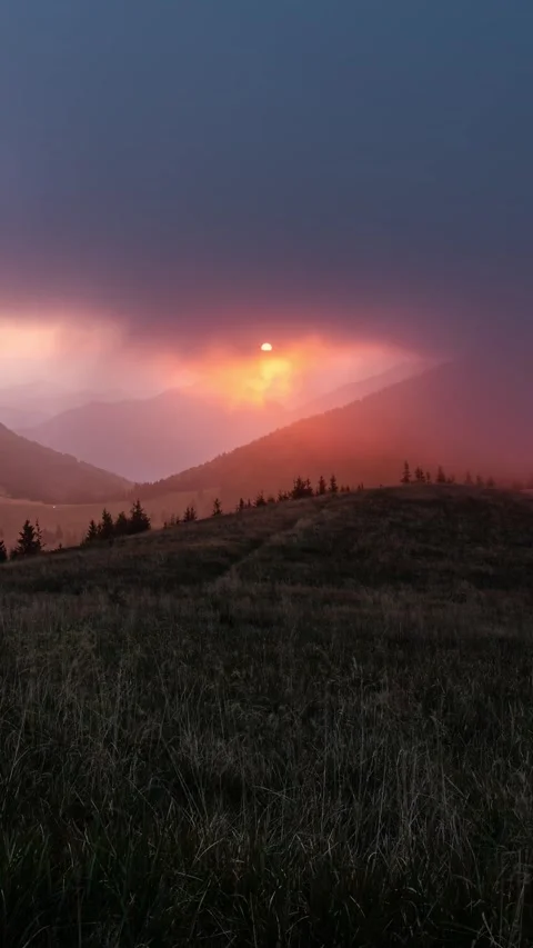 Dramatic Misty Mountain Nature at Sunrise, Vertical Time lapse Stock Footage 318110283