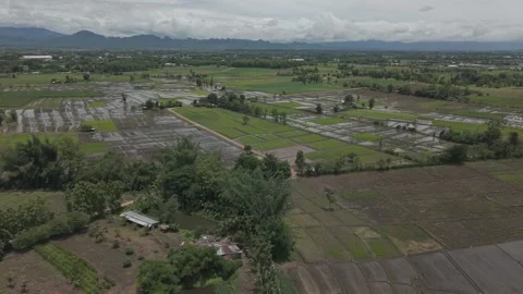 Dramatic Monsoon Cloudscape Over Layered Mountain Range and Vast Rice Paddy.. Stock Footage 337083310