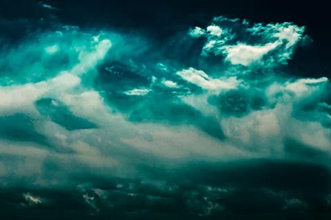 Dramatic moody clouds filled with deep teal and turquoise hues creating a turbul Stock Photos