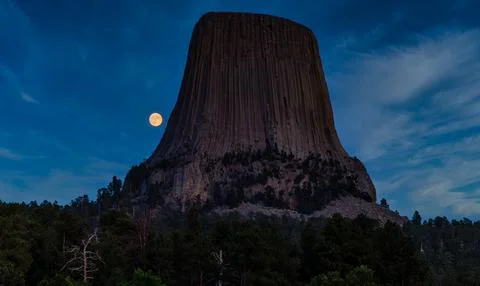 Dramatic Moonrise on Devils Tower, Devils Tower National Monument, Wyoming Stock Photos